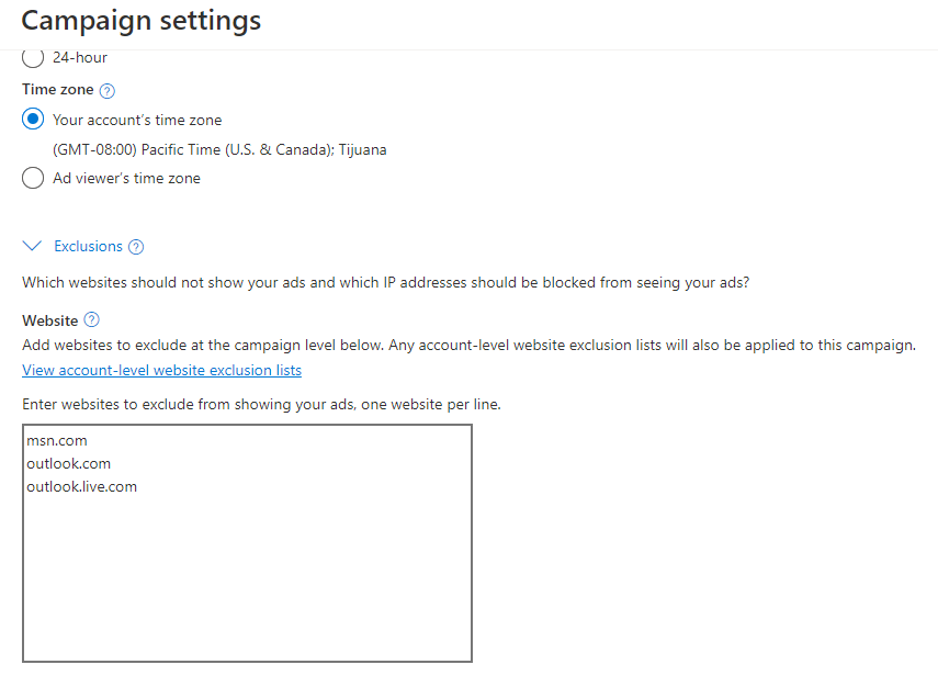 how to add website exclusions in Microsoft ad campaigns